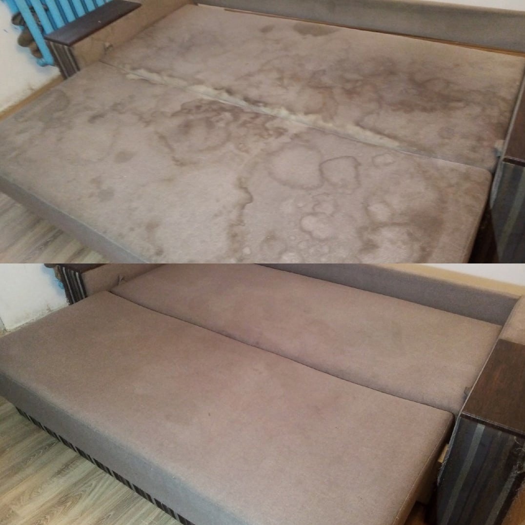 Porównanie: Sofa z widocznymi plamami przed i po praniu tapicerki, ukazujące efekt czyszczenia.