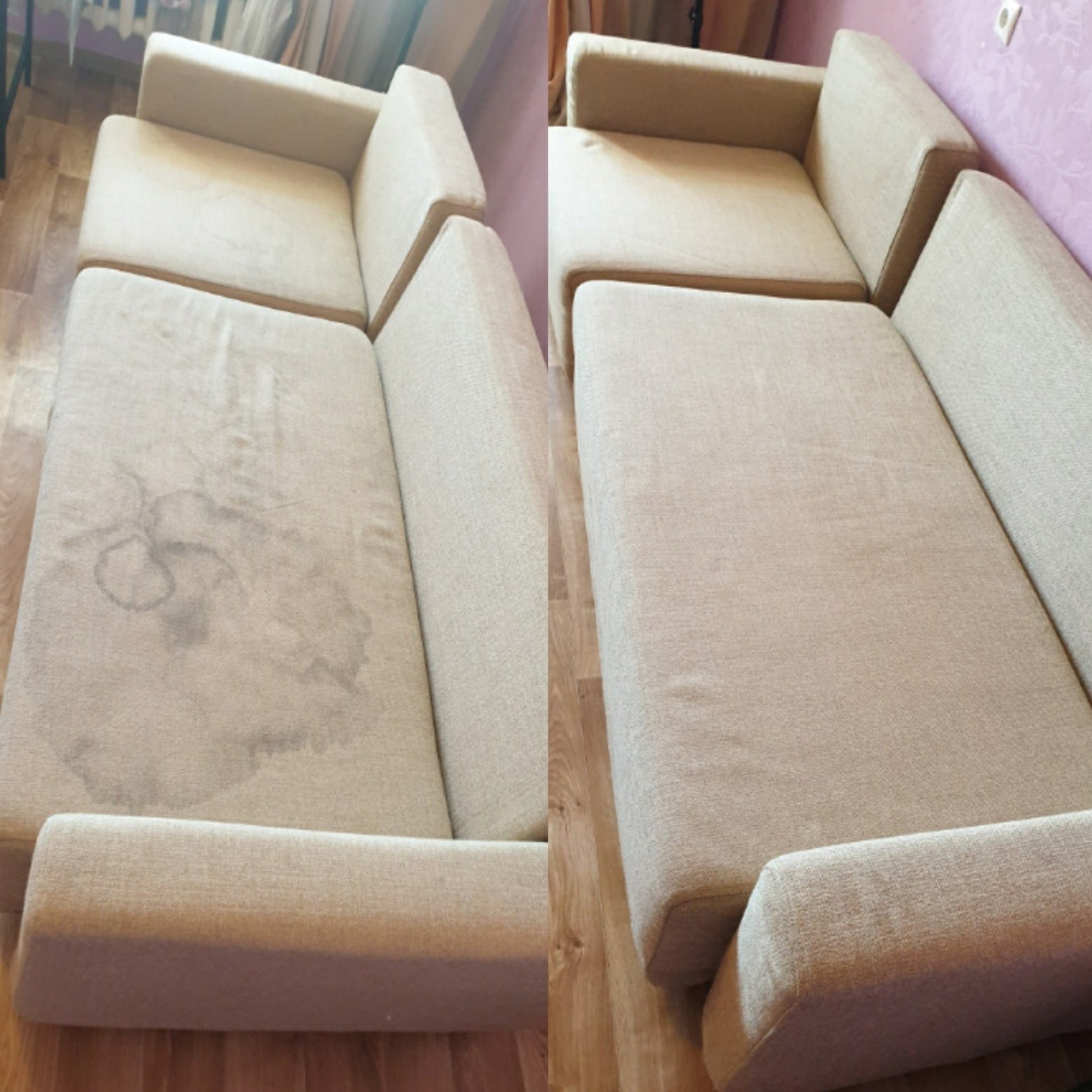 Beżowa sofa modułowa przed i po czyszczeniu, widoczne plamy na jednym z modułów, po prawej stronie sofa po usunięciu zabrudzeń.