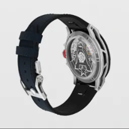 Precyzyjny rendering zegarka z widocznym mechanizmem, tytanową obudową i paskiem z fakturą w kolorze granatowym, eksponujący detale oraz logo z literą A i gwiazdą na tarczy.