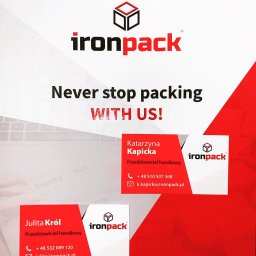 SiiD Studio 3D - Wizytówki firmy Ironpack z danymi kontaktowymi przedstawicieli handlowych Katarzyny Kapickiej i Julity Król, na tle z hasłem reklamowym i adresem strony internetowej.