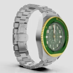 Render 3D zegarka na bransolecie, z zieloną tarczą i złotymi akcentami na białym tle.