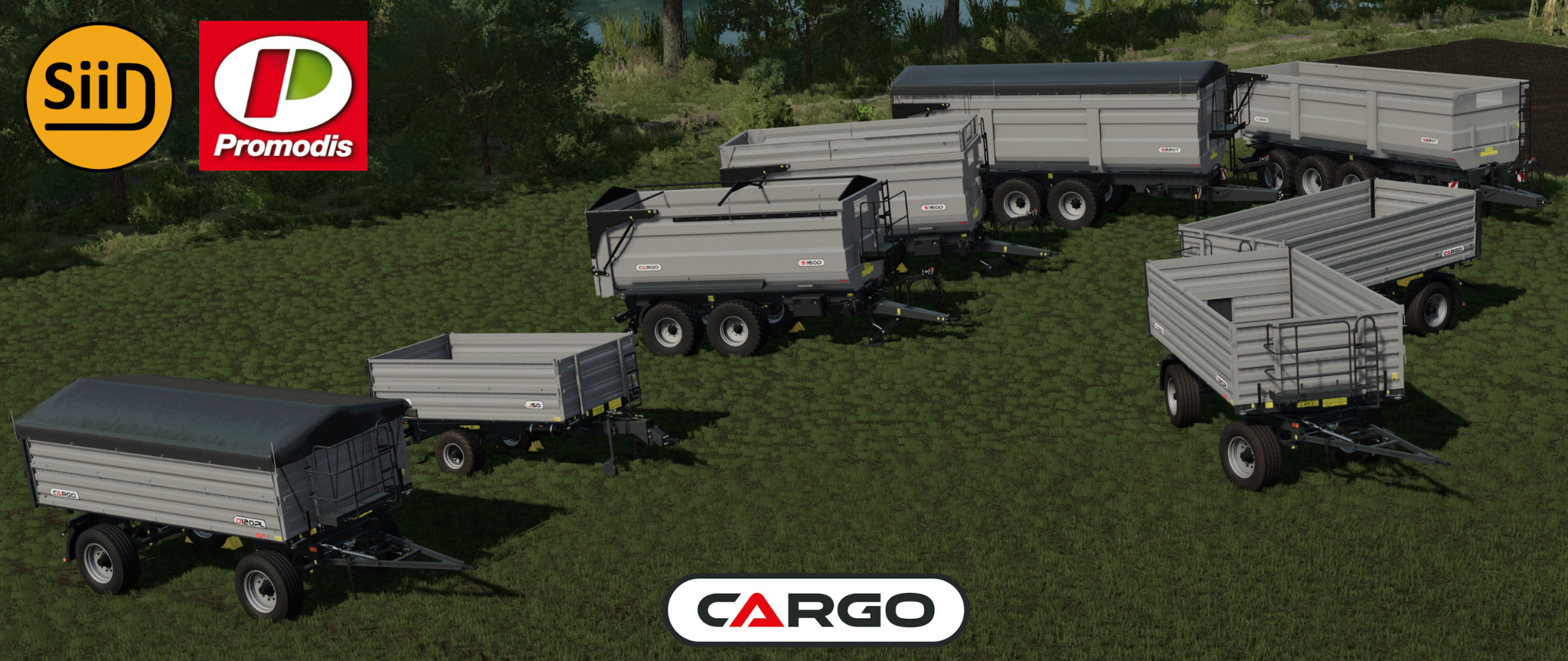Wizualizacja kilku szarych przyczep rolniczych Cargo na zielonym tle trawy z logo firm Siid i Promodis.