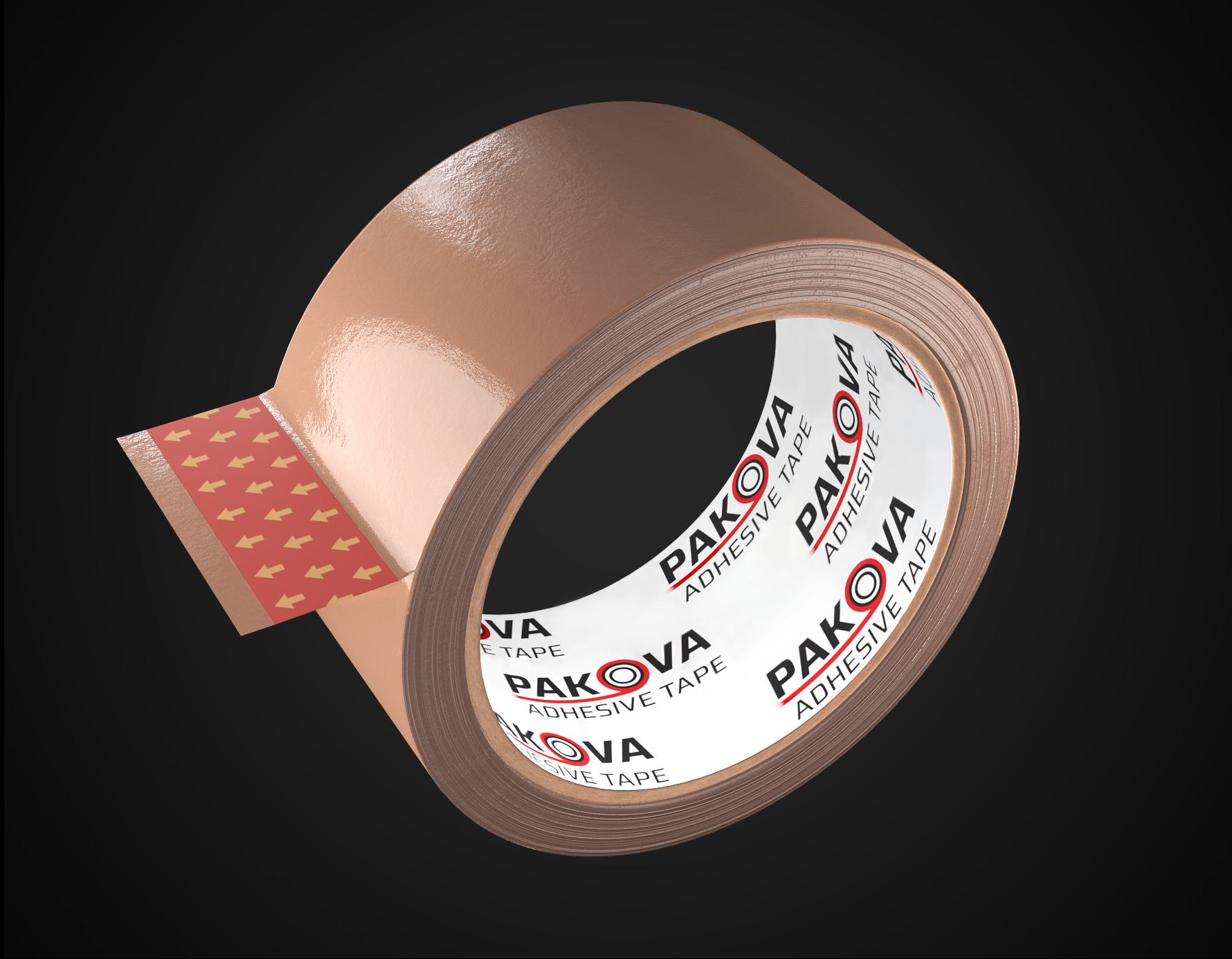 Rolka brązowej taśmy klejącej z odklejonym fragmentem i widocznym nadrukiem 'PAKOVA ADHESIVE TAPE' na białym tle wewnątrz rolki, na czarnym tle.