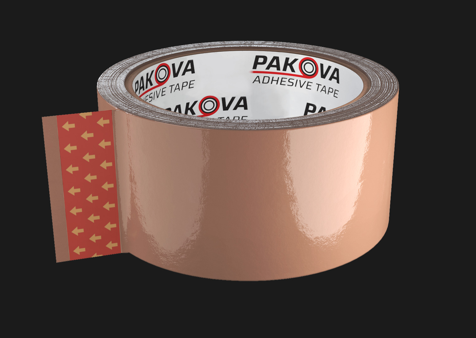 Różowa taśma klejąca 'Pakova Adhesive Tape' z częściowo odklejoną końcówką z motywem strzałek na czarnym tle.