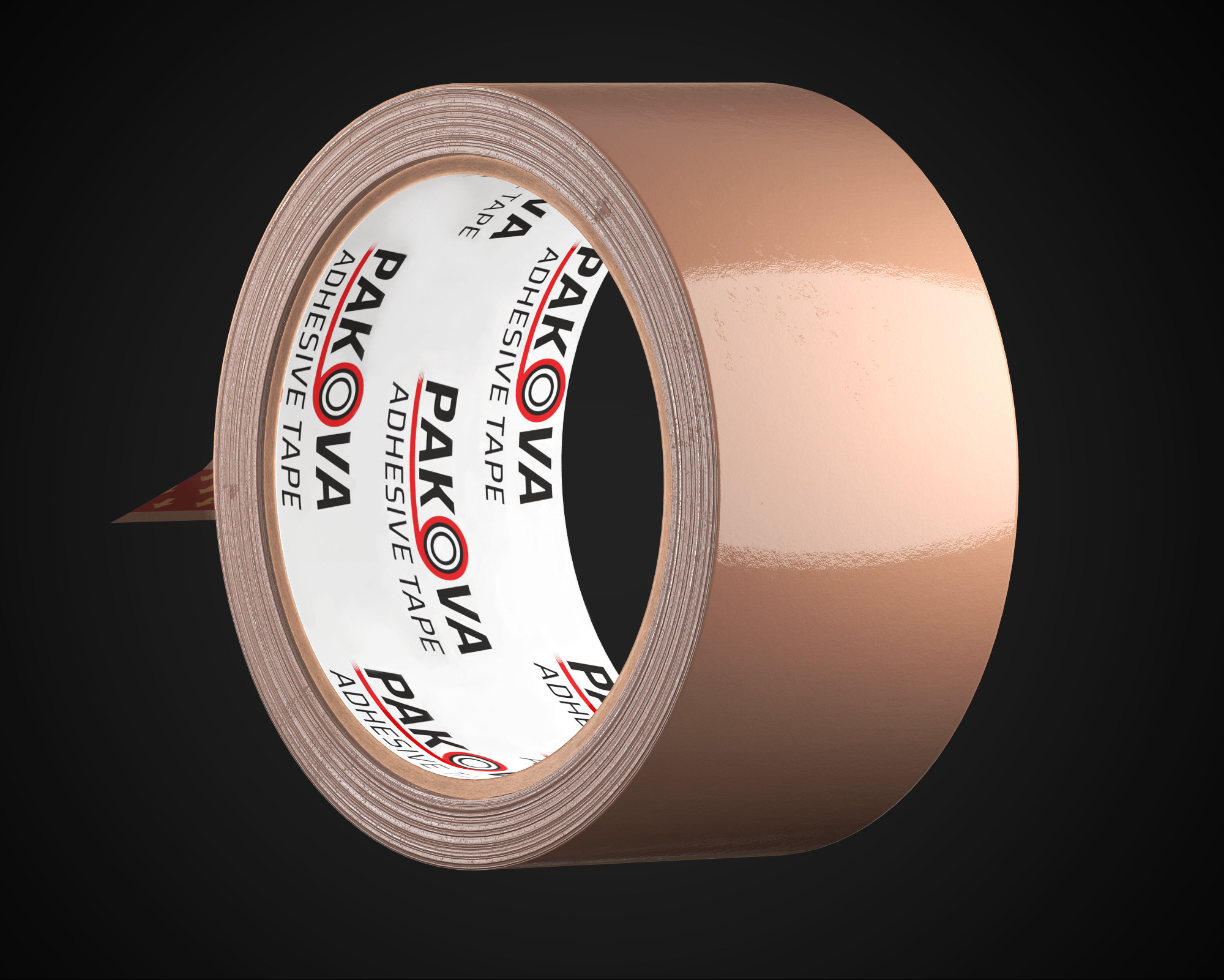 Szczegółowe ujęcie rolki brązowej taśmy klejącej z widocznym fragmentem odklejonej końcówki na czarnym tle.