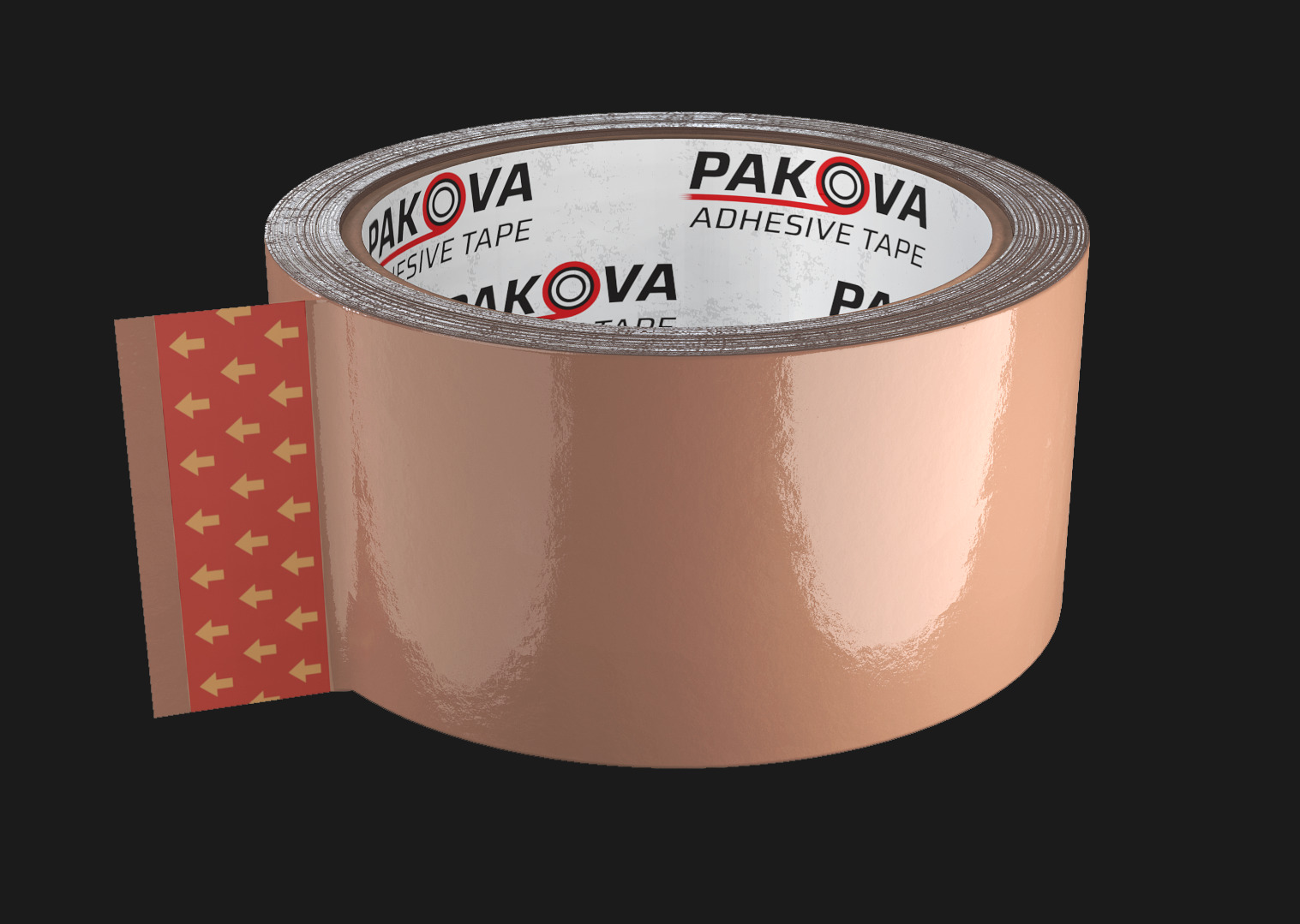 Rola brązowej taśmy klejącej z częściowo odklejoną końcówką, na której widoczne są czerwone strzałki na brązowym tle.