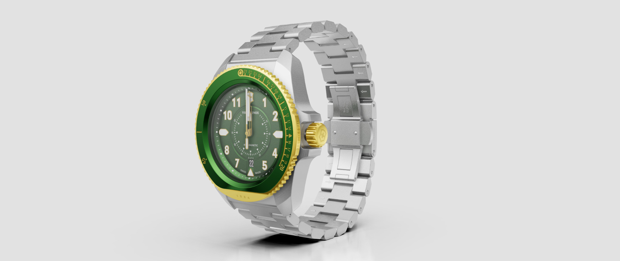 Wizualizacja zegarka naręcznego z zieloną tarczą, złotą koronką i srebrną bransoletą na jednolitym szarym tle.