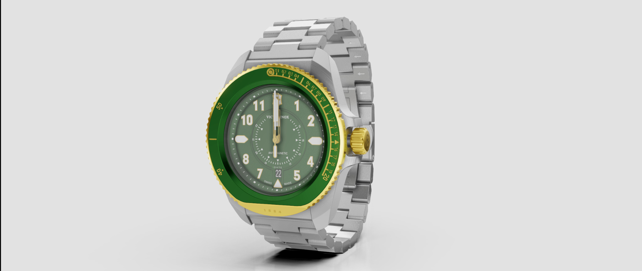 Render 3D zegarka Victorinox z zieloną tarczą, złotymi akcentami i srebrną bransoletą, umieszczonego na jasnym tle.