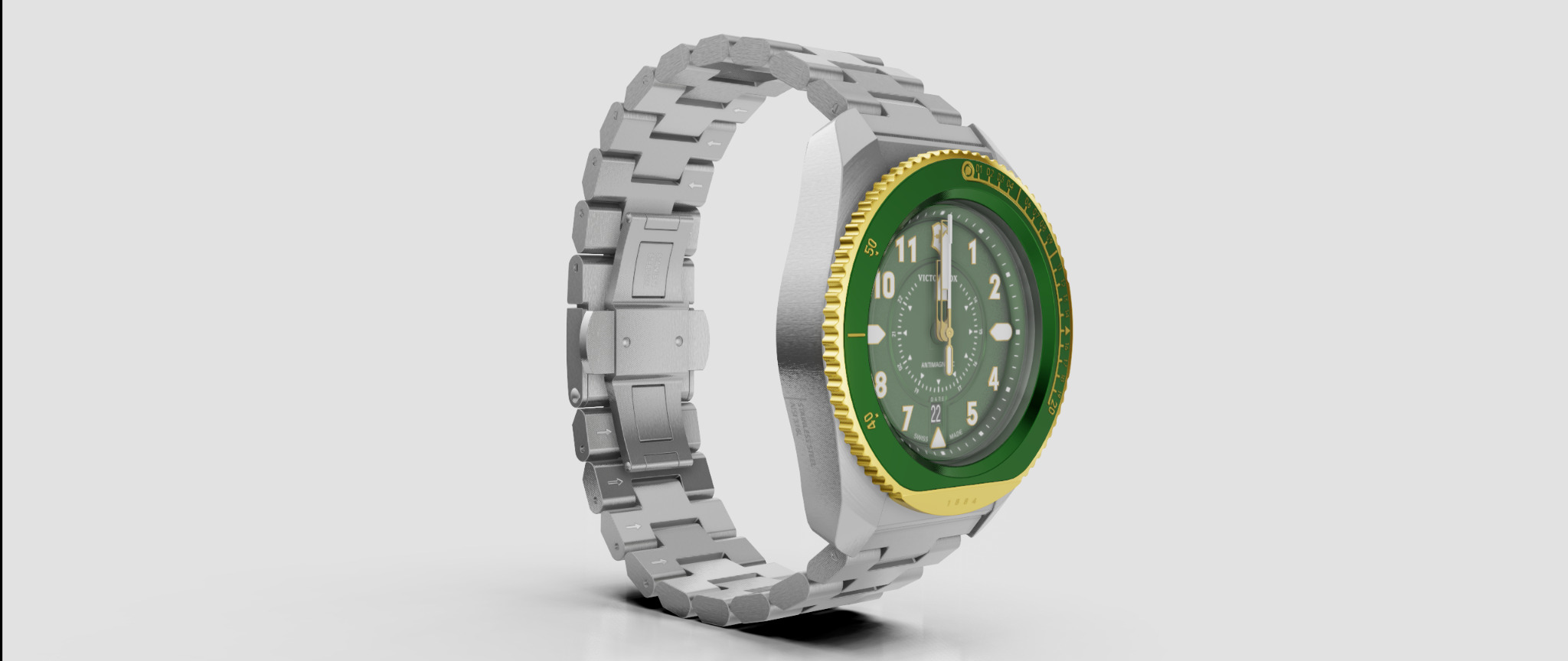 Render 3D zegarka na bransolecie, z zieloną tarczą i złotymi akcentami na białym tle.