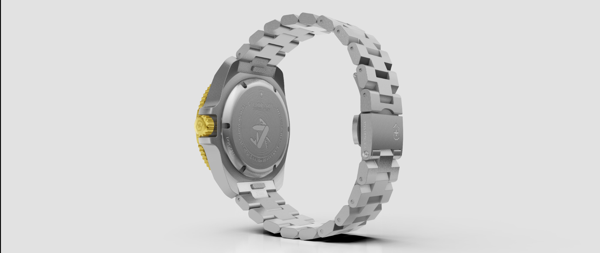 Renderowany model zegarka Victorinox z metalową bransoletą, widok od spodu, ukazujący detale dekielka i zapięcia.