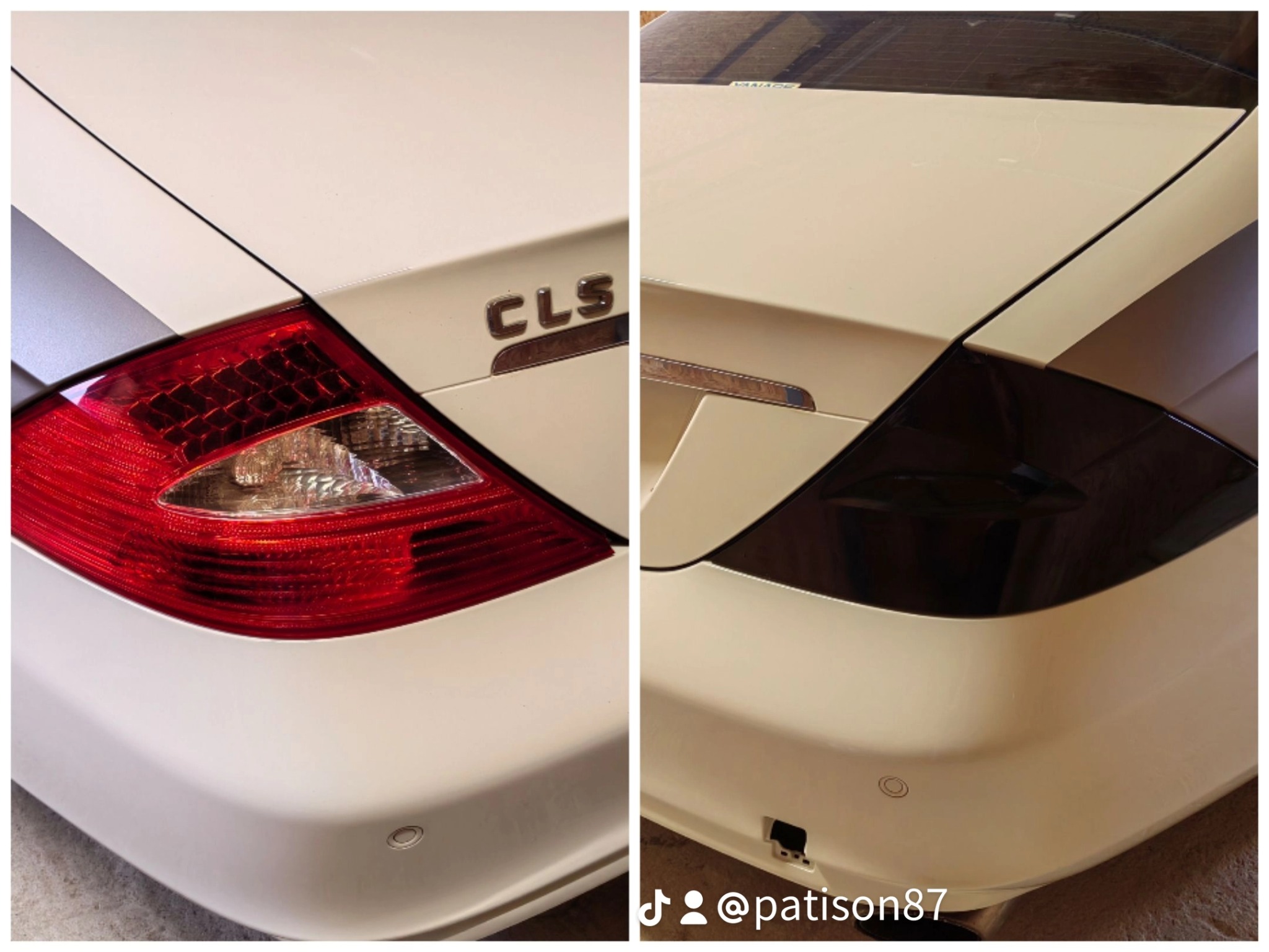 Porównanie tylnych świateł białego Mercedesa CLS: po lewej oryginalne, po prawej przyciemnione folią.