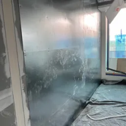 Montaż płyt kartonowo-gipsowych na ścianie, widoczne ślady po szpachlowaniu, zabezpieczona folią podłoga, surowy stan wykończenia wnętrza.