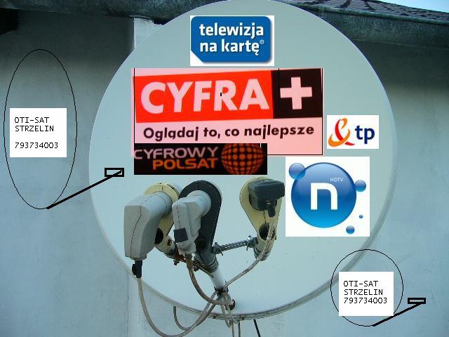 Antena satelitarna z naklejonymi logotypami różnych platform telewizyjnych, widoczne numery kontaktowe do instalatora.