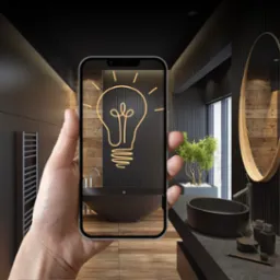 Nowoczesna łazienka w czerni i drewnie widziana przez ekran smartfona z nałożonym graficznym symbolem żarówki, sugerującym koncepcję inteligentnego oświetlenia.