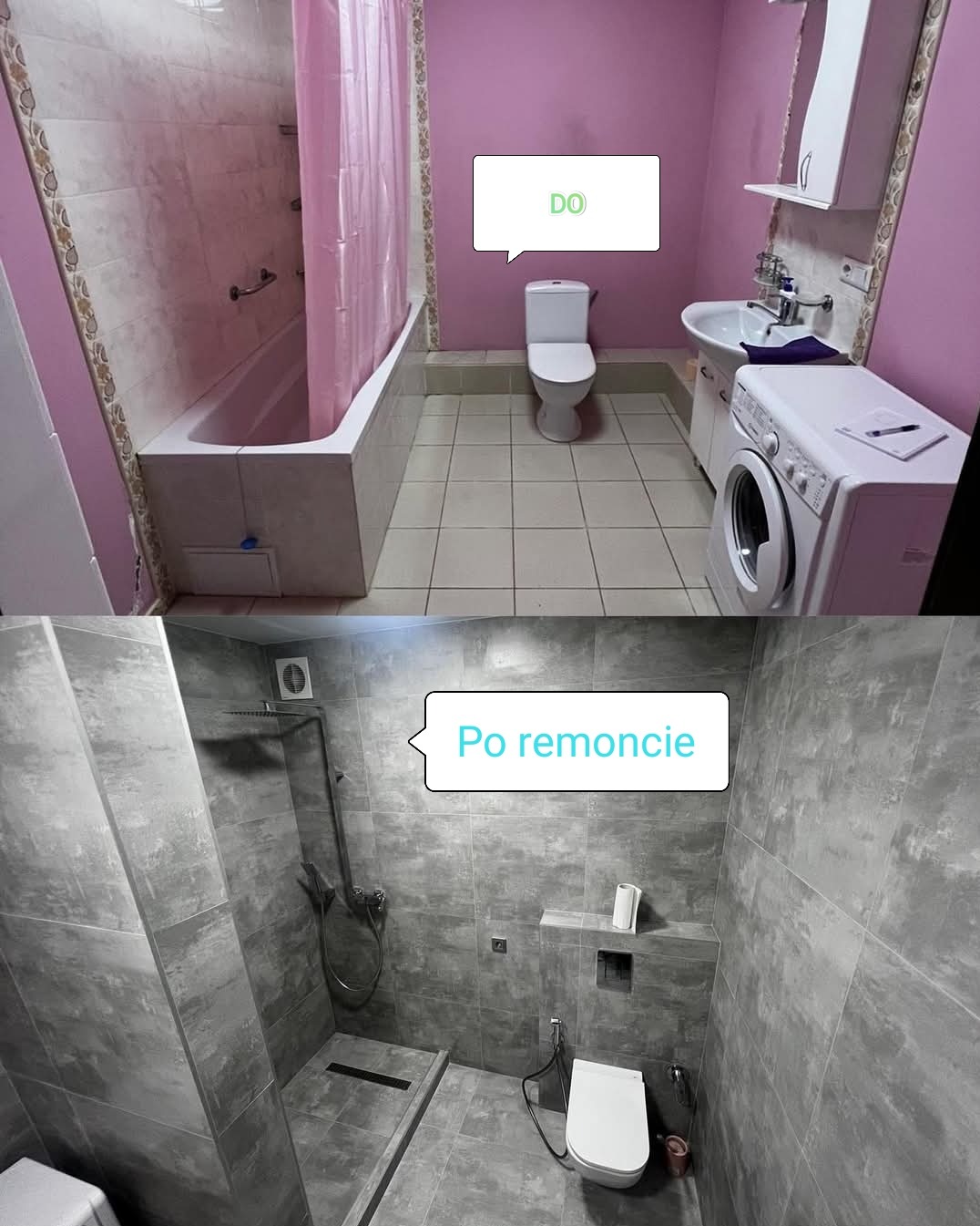 Porównanie łazienki przed i po remoncie: górna część ukazuje starą łazienkę z różowymi ścianami, wanną z zasłoną, białą toaletą i pralką; dolna część prezentuje odnowioną łazienkę z szarymi...