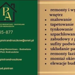 Wizytówka firmy remontowo-budowlanej Piotr-Bud Usługi Remontowo-Budowlane Piotr Andruszków z logo, numerem telefonu 721-165-877, adresem email piotr-bud.piotrandruszkow@onet.pl oraz listą usług...