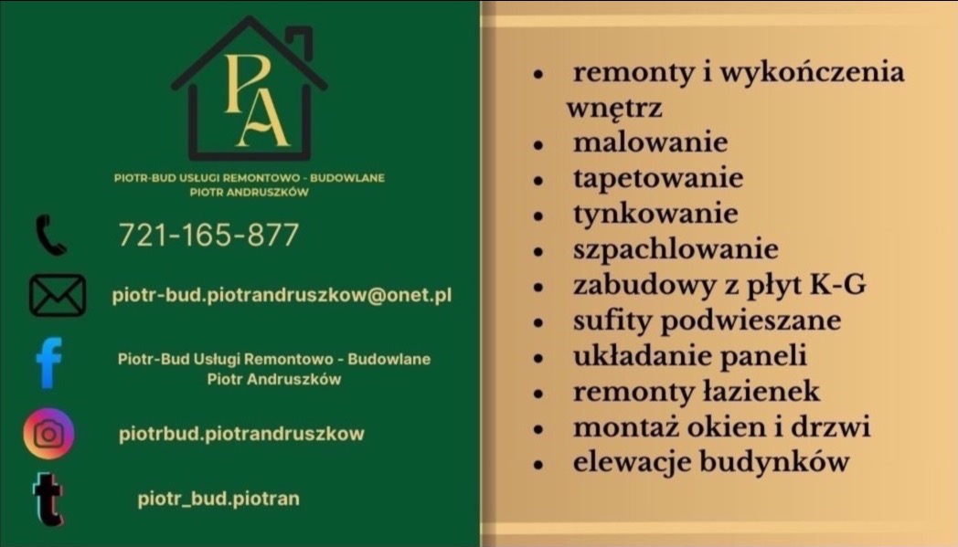 Wizytówka firmy remontowo-budowlanej Piotr-Bud Usługi Remontowo-Budowlane Piotr Andruszków z logo, numerem telefonu 721-165-877, adresem email piotr-bud.piotrandruszkow@onet.pl oraz listą usług...