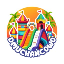 DIVAHOUSE MARCEL PRZYTULSKI - Kolorowa ilustracja dmuchanego zamku z dwiema zjeżdżalniami, palmami i napisem 'Dmuchancowo' na pomarańczowym tle.