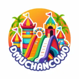 Kolorowa ilustracja dmuchanego zamku z dwiema zjeżdżalniami, palmami i napisem 'Dmuchancowo' na pomarańczowym tle.