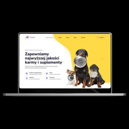 DIVAHOUSE MARCEL PRZYTULSKI - Ekran laptopa prezentujący stronę internetową z motywem psiej karmy, z trzema psami trzymającymi puste miski w pyskach na tle żółto-białego interfejsu.