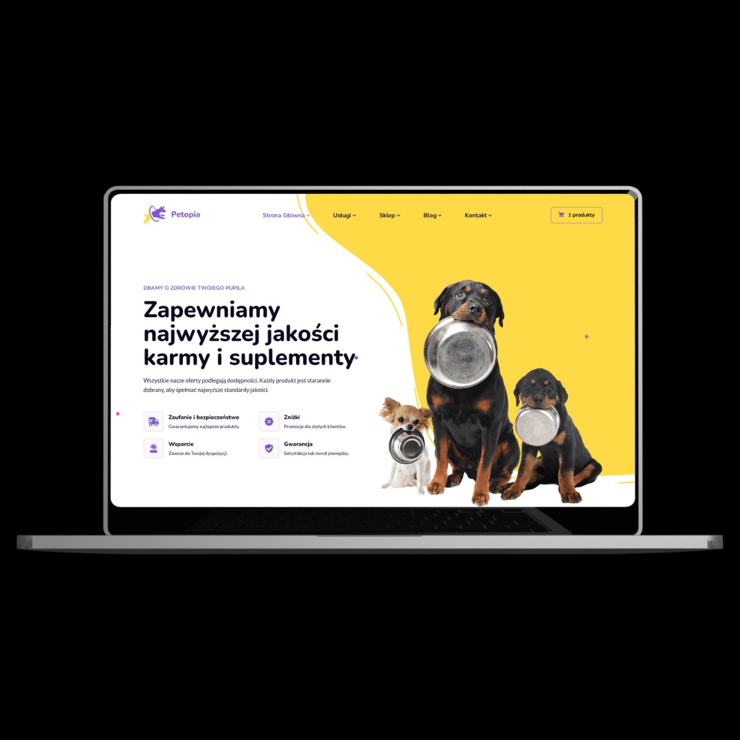 Ekran laptopa prezentujący stronę internetową z motywem psiej karmy, z trzema psami trzymającymi puste miski w pyskach na tle żółto-białego interfejsu.