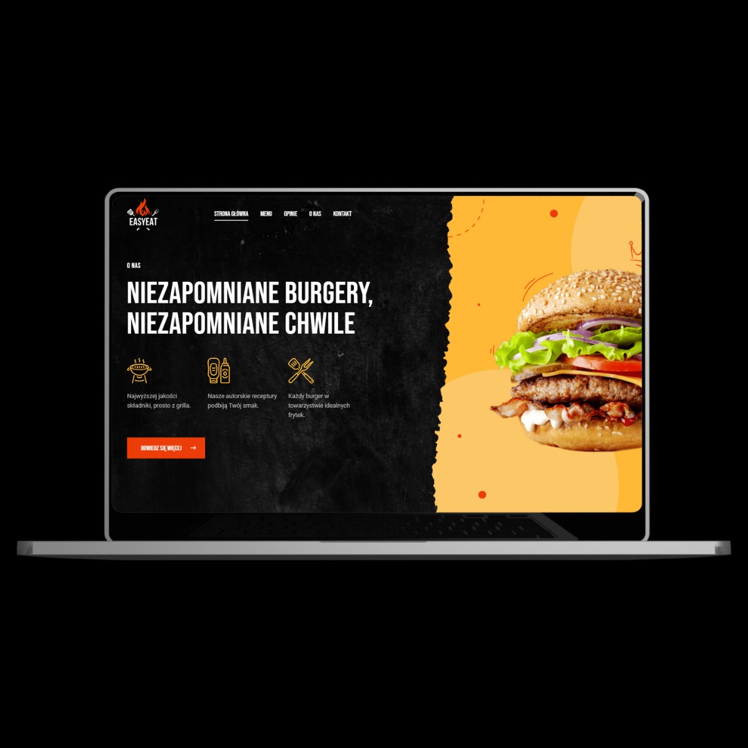 Laptop wyświetlający stronę internetową z burgerem i napisem 'Niezapomniane burgery, niezapomniane chwile' na czarnym tle.
