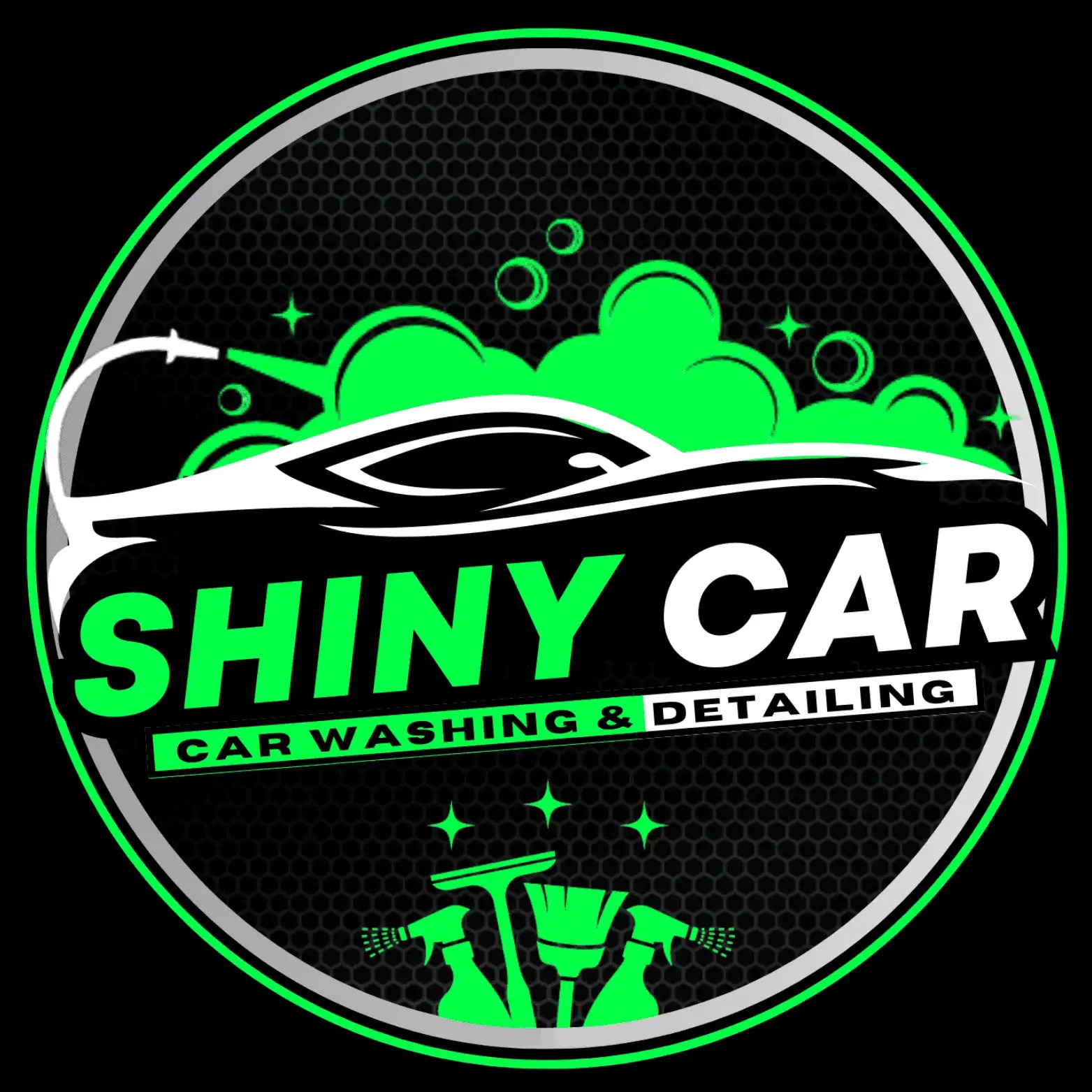Grafika wektorowa z sylwetką samochodu, pianą i narzędziami do mycia w okręgu, napis SHINY CAR CAR WASHING & DETAILING, czarne tło z heksagonalną siatką