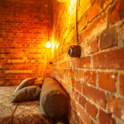 Loftowy apartament z ceglaną ścianą oświetloną żarówkami Edisona zwisającymi na kablach, widoczny włącznik elektryczny na ścianie i fragment łóżka z poduszkami.
