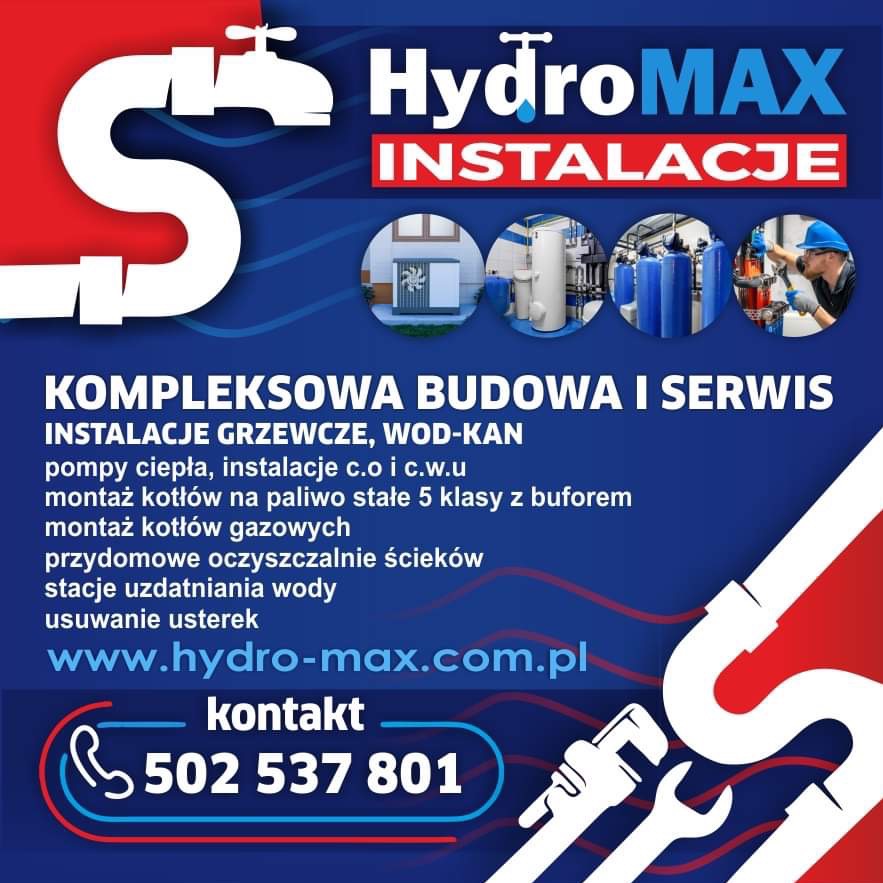 Reklama firmy HydroMAX Instalacje oferującej kompleksową budowę i serwis instalacji grzewczych, wod-kan, montaż kotłów gazowych i na paliwo stałe, przydomowe oczyszczalnie ścieków oraz usuwanie...