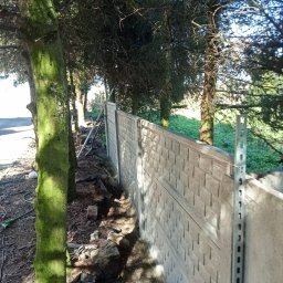 KAMMAR - Montaż betonowego ogrodzenia panelowego w terenie leśnym, widoczne słupki montażowe i fragmenty wykopu.