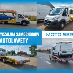 Moto Serwis - Kompozycja zdjęć przedstawiająca lawety firmy Moto Serwis w różnych ujęciach: laweta z niebieskim samochodem osobowym na drodze, laweta zaparkowana na żwirowym placu, laweta z białym busem...