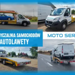 Kompozycja zdjęć przedstawiająca lawety firmy Moto Serwis w różnych ujęciach: laweta z niebieskim samochodem osobowym na drodze, laweta zaparkowana na żwirowym placu, laweta z białym busem...