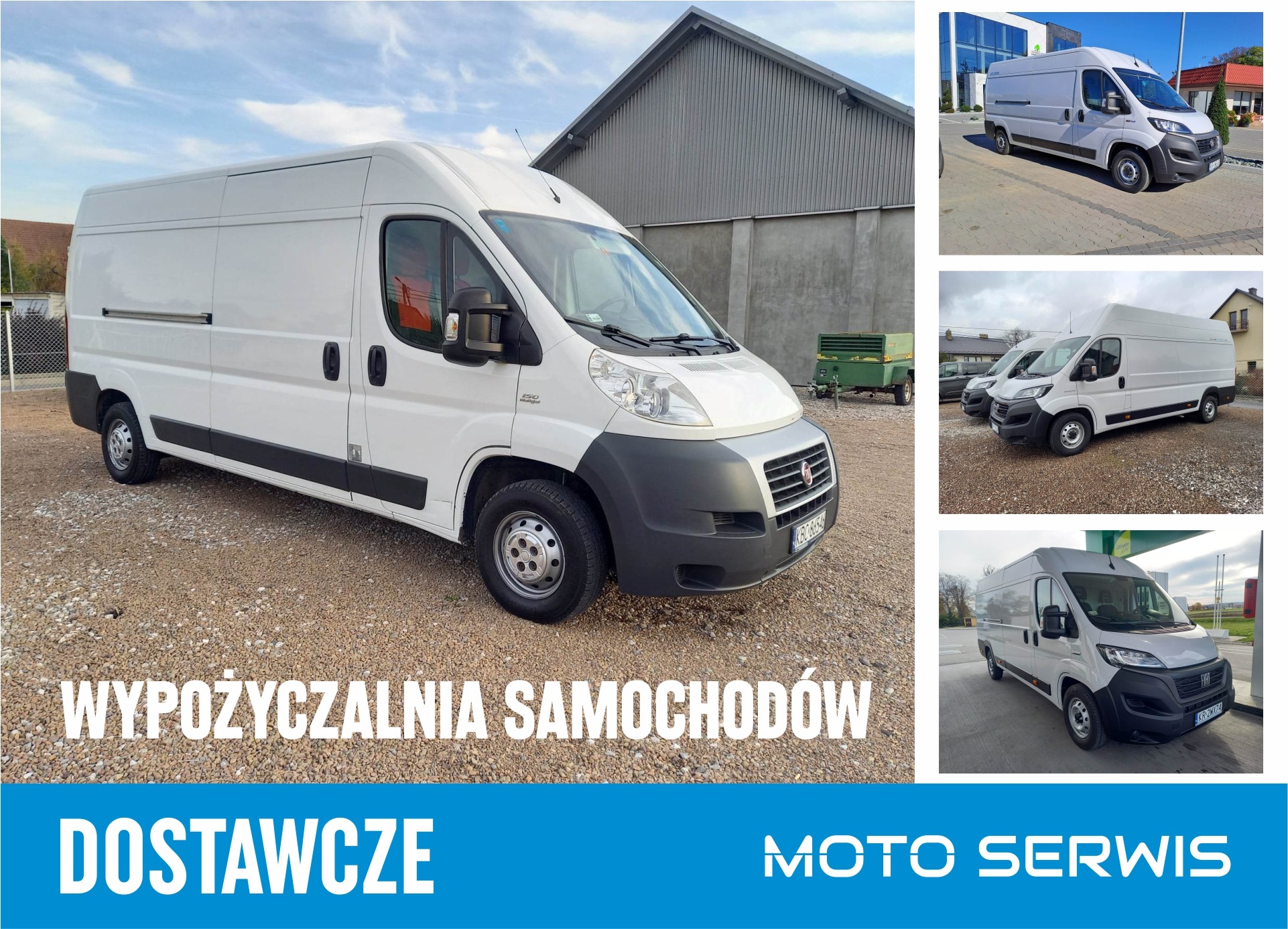 Biały samochód dostawczy Fiat Ducato na żwirowym parkingu, z widocznymi detalami karoserii i tablicą rejestracyjną, w tle budynek magazynowy i kolaż mniejszych zdjęć tego samego modelu.
