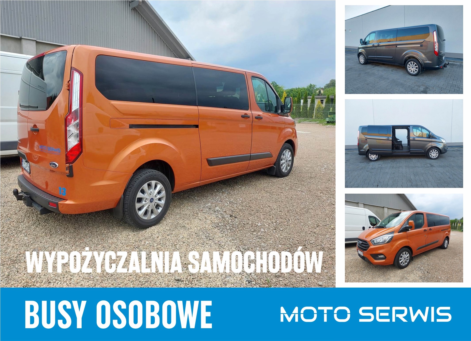 Pomarańczowy bus osobowy Ford Transit z przyciemnianymi szybami, zaparkowany na żwirowym parkingu, z widocznymi zdjęciami tego samego modelu w kolorze szarym w tle.