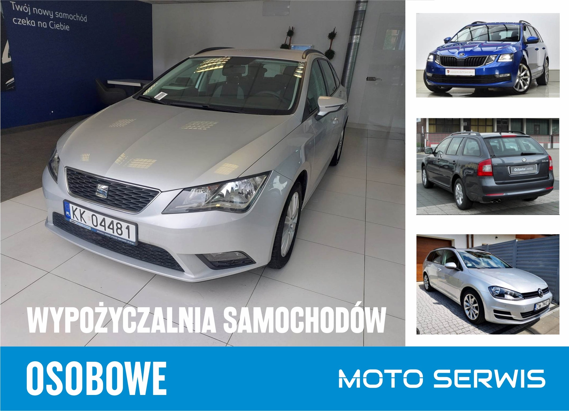 Srebrny samochód typu kombi marki Seat Leon z polską tablicą rejestracyjną KK 04481 na tle salonu samochodowego, obok kolaż z trzema innymi samochodami.