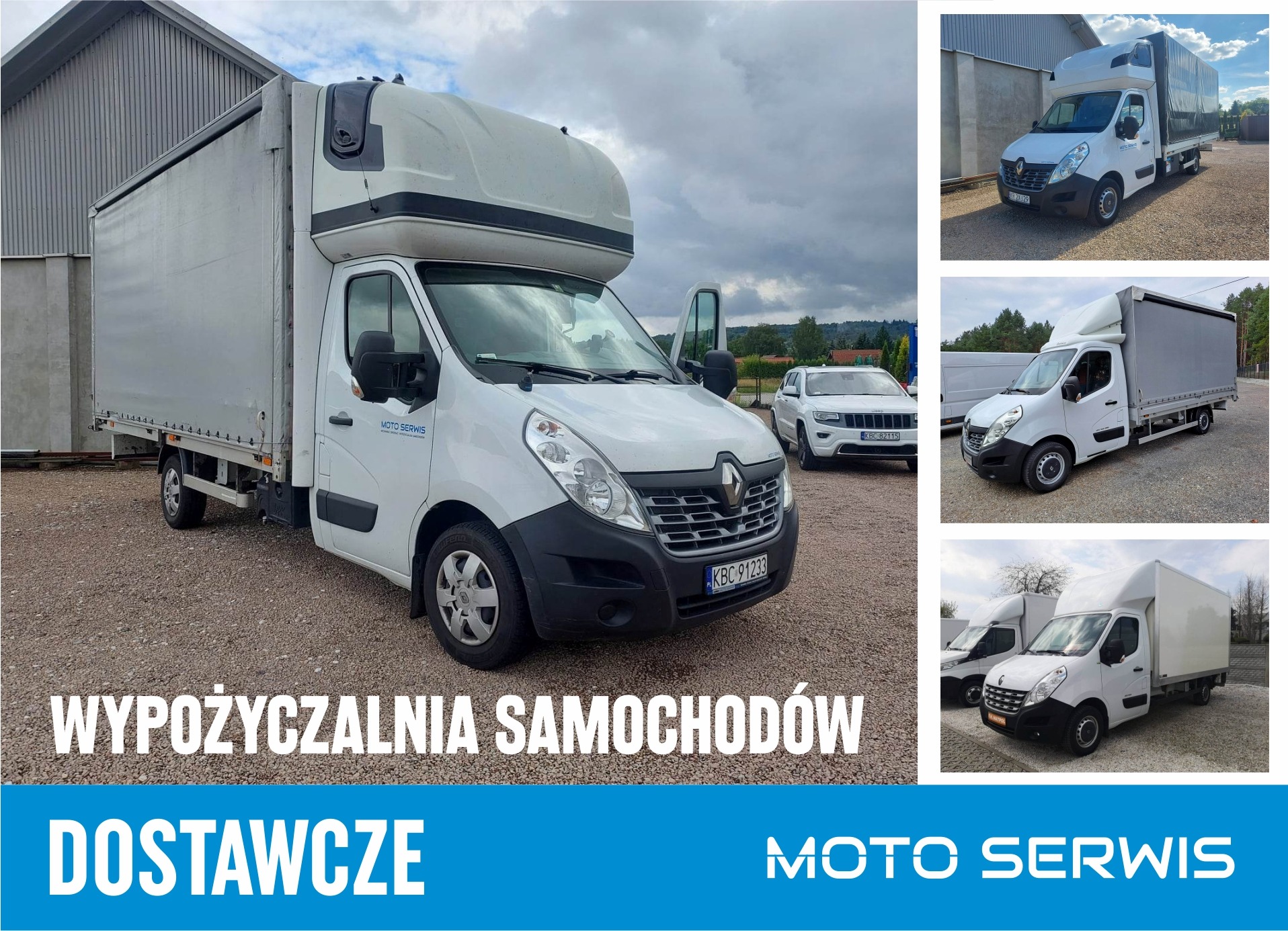 Biały samochód dostawczy Renault Master z plandeką, zaparkowany na żwirowym placu, z otwartymi drzwiami kierowcy; w tle budynek i inne pojazdy.