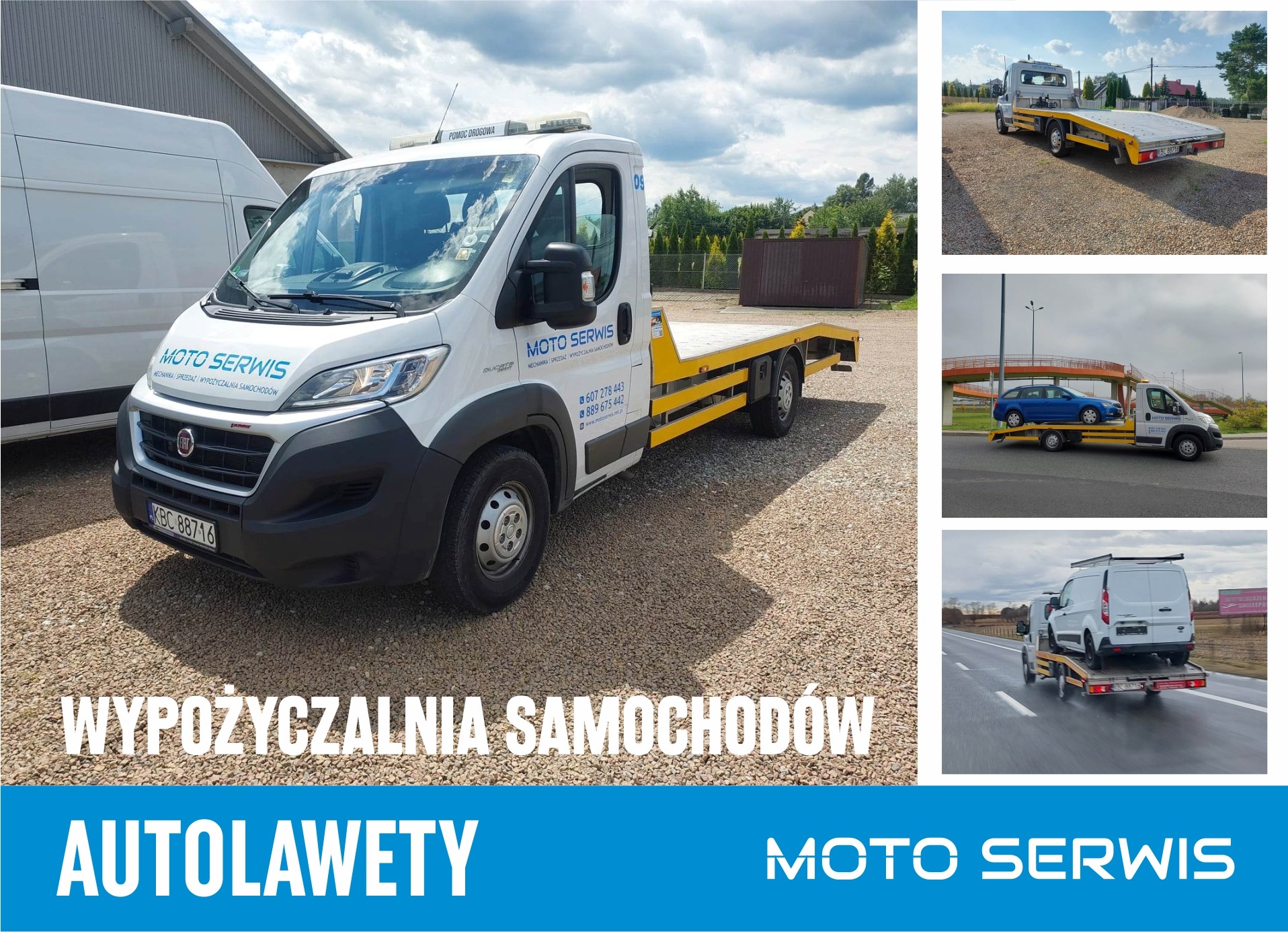 Biała laweta z żółtymi elementami zabezpieczającymi, zaparkowana na żwirowym podłożu, z logo 'Moto Serwis' i numerami kontaktowymi na kabinie, w tle inne pojazdy i zieleń.