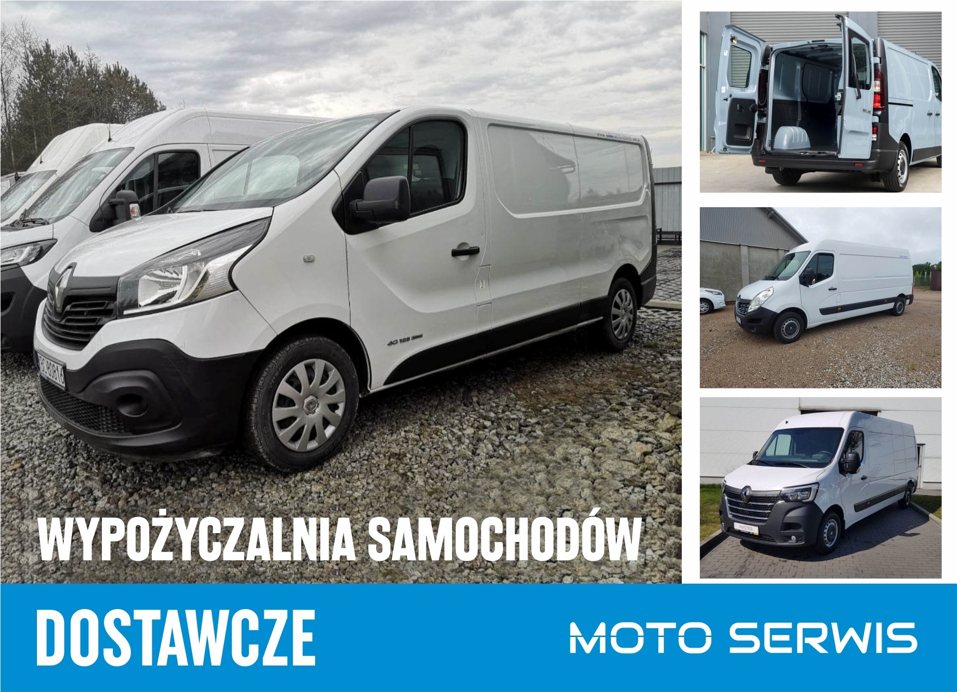 Biały samochód dostawczy Renault Trafic na żwirowym parkingu, widoczny z boku, z otwartymi drzwiami z tyłu na górnym zdjęciu, prezentowany obok innych podobnych pojazdów.