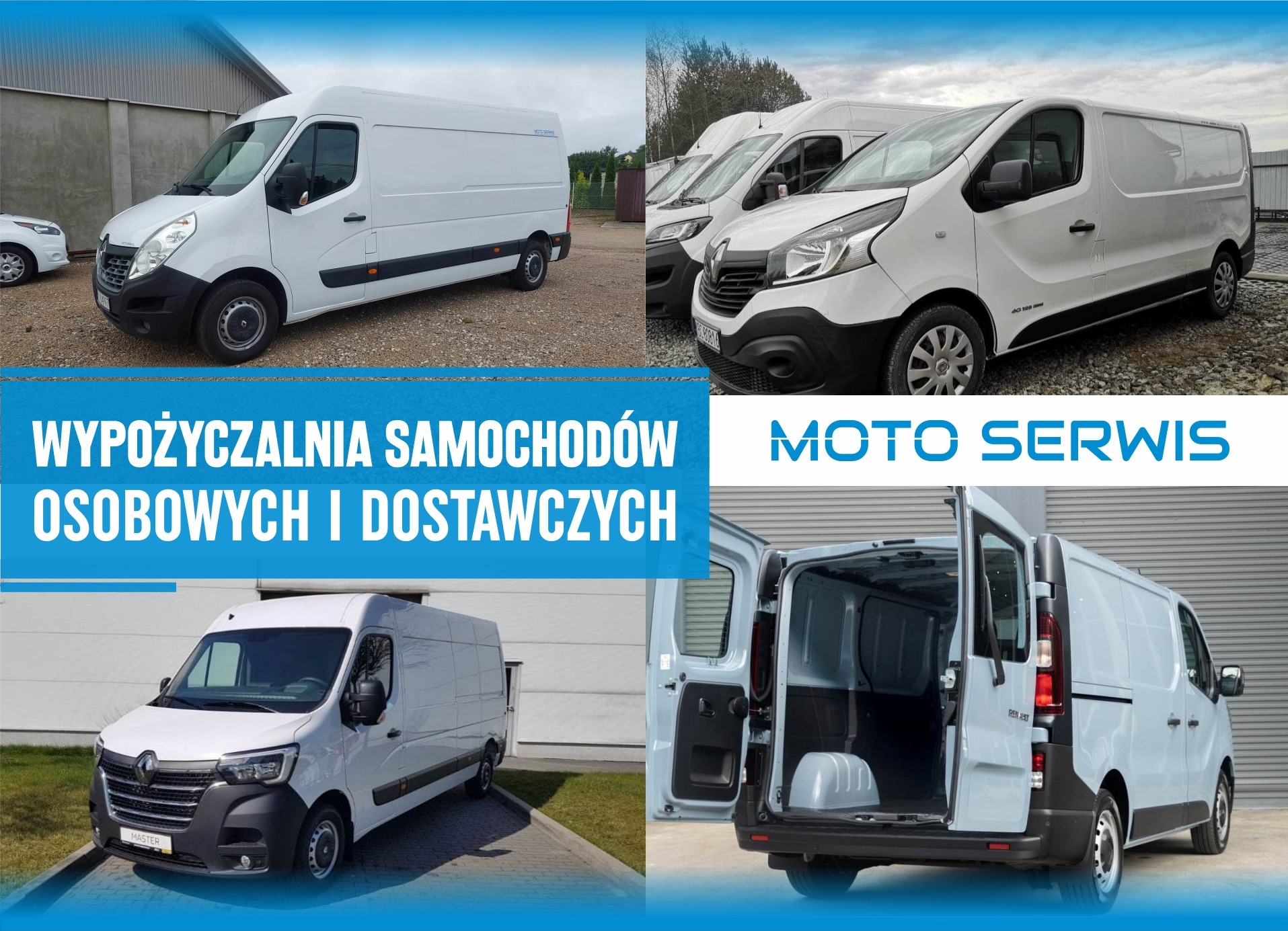Kolaż czterech ujęć białych samochodów dostawczych Renault Master i Trafic, prezentujących je z różnych perspektyw, w tym z otwartymi drzwiami bagażnika.