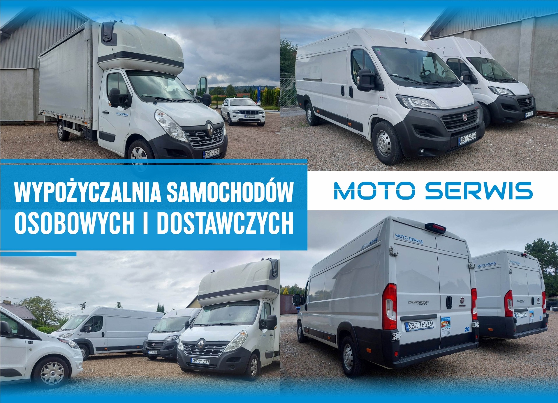 Flota białych samochodów dostawczych różnych marek, w tym Renault Master z nadbudową i Fiat Ducato, zaparkowana na żwirowym placu, prezentowana przez wypożyczalnię Moto Serwis.