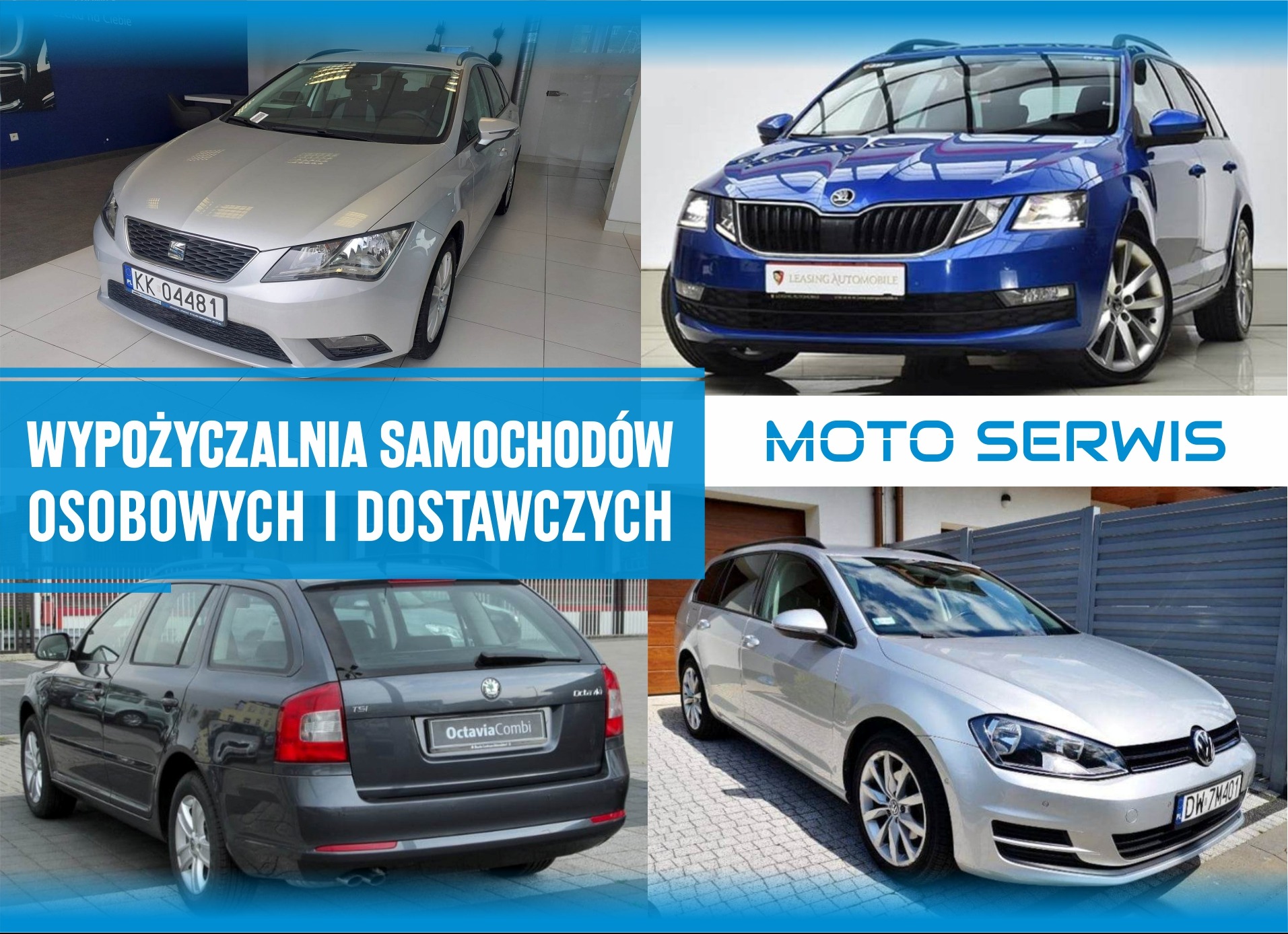 Kolaż czterech samochodów osobowych różnych marek i modeli: srebrny Seat Leon, niebieska Skoda Octavia, szara Skoda Octavia Combi oraz srebrny Volkswagen Golf.