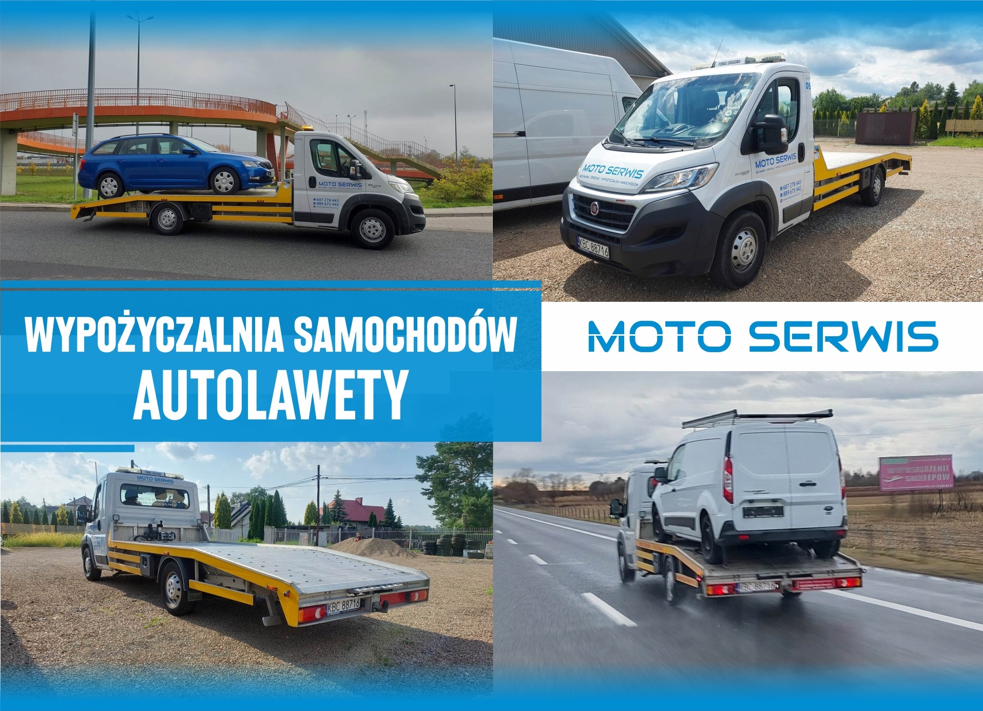 Kompozycja zdjęć przedstawiająca lawety firmy Moto Serwis w różnych ujęciach: laweta z niebieskim samochodem osobowym na drodze, laweta zaparkowana na żwirowym placu, laweta z białym busem...