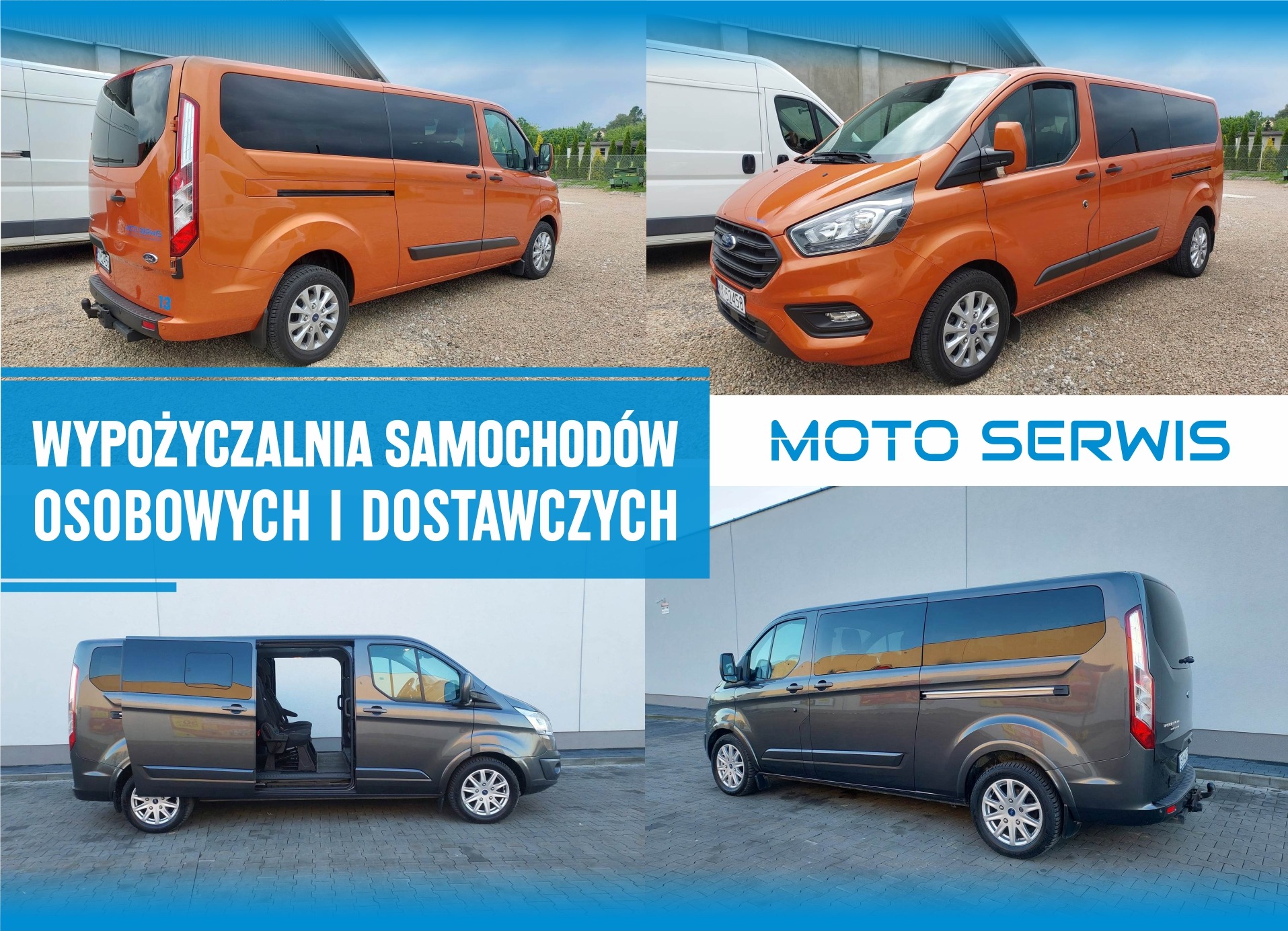 Kompozycja czterech ujęć Forda Transita Custom w kolorze pomarańczowym i szarym, prezentujących różne perspektywy i detale, w tym otwarte drzwi przesuwne w wersji szarej.