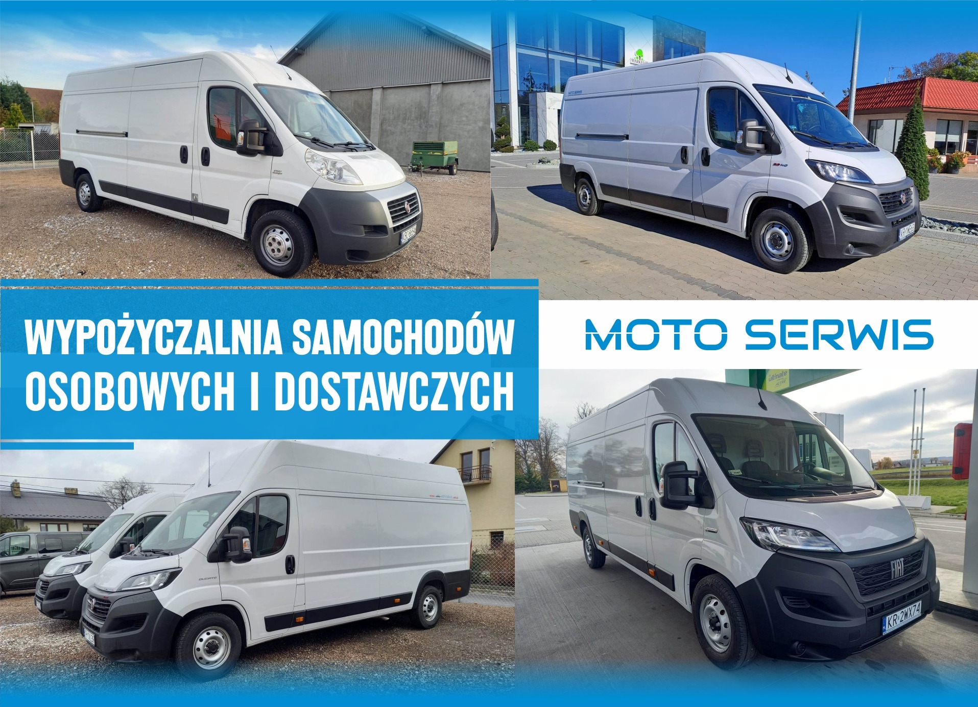 Kompozycja czterech ujęć białego furgonu dostawczego Fiat Ducato w różnych lokalizacjach, z tekstami 'Wypożyczalnia samochodów osobowych i dostawczych' oraz 'Moto Serwis' nałożonymi na obraz.