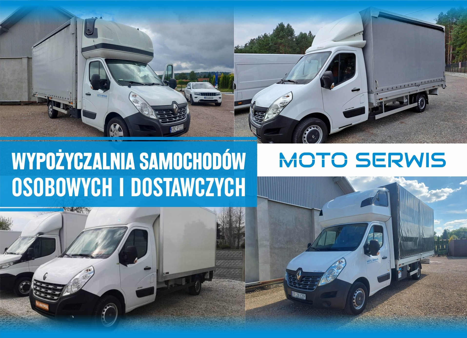 Kolaż czterech ujęć białych samochodów dostawczych Renault Master z zabudową kontenerową lub plandeką, prezentowanych na zewnątrz w różnych lokalizacjach, z widocznymi detalami jak tablice...