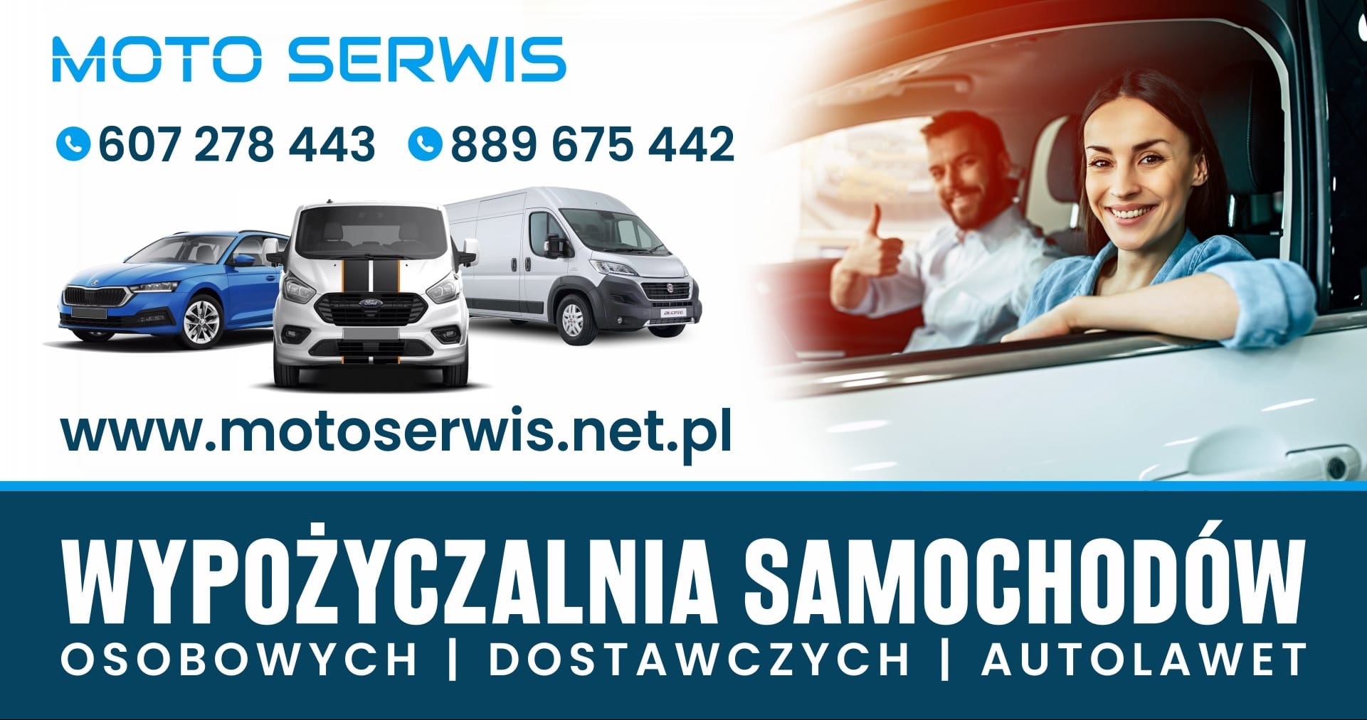 Grafika reklamowa firmy z Bochni: kobieta i mężczyzna w samochodzie, uśmiechnięci, z uniesionym kciukiem, obok wizualizacje samochodów osobowych i dostawczych, adres strony internetowej i numery...