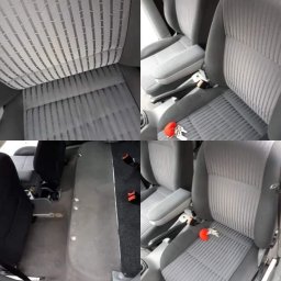 Star Gold - Czyszczenie wnętrza samochodu: kolaż zdjęć pokazujący fragment podsufitki z widocznymi smugami po czyszczeniu, fotel samochodowy z widocznym efektem czyszczenia, tylna podłoga samochodu przed i po...