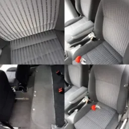 Czyszczenie wnętrza samochodu: kolaż zdjęć pokazujący fragment podsufitki z widocznymi smugami po czyszczeniu, fotel samochodowy z widocznym efektem czyszczenia, tylna podłoga samochodu przed i po...