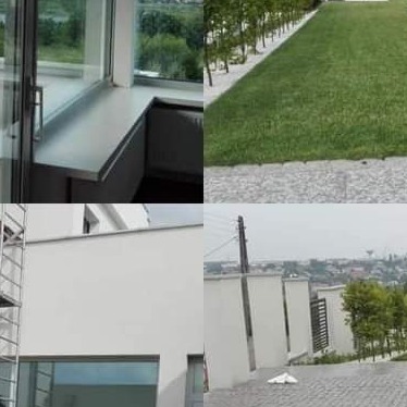 Kolaż czterech zdjęć: czysty parapet okienny z widokiem na zieleń, zadbany trawnik z białym żwirem i drzewami, fragment białej elewacji domu z rusztowaniem, brama wjazdowa z białym murem i podjazdem.