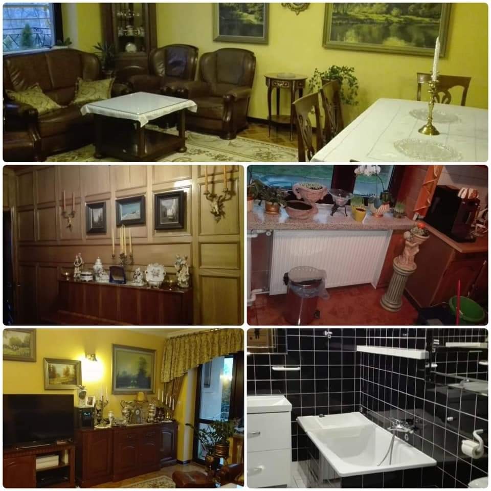 Kolaż zdjęć wnętrz: salon z brązowymi meblami, drewniana boazeria z dekoracjami, parapet z doniczkami oraz czarno-biała łazienka z wanną.